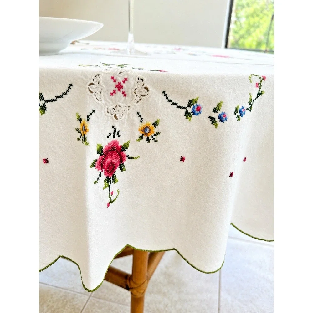 Vintage Hand Embroidered Linen Cross Stitch Tablecloth 7 Napkins Floral 63 x 63